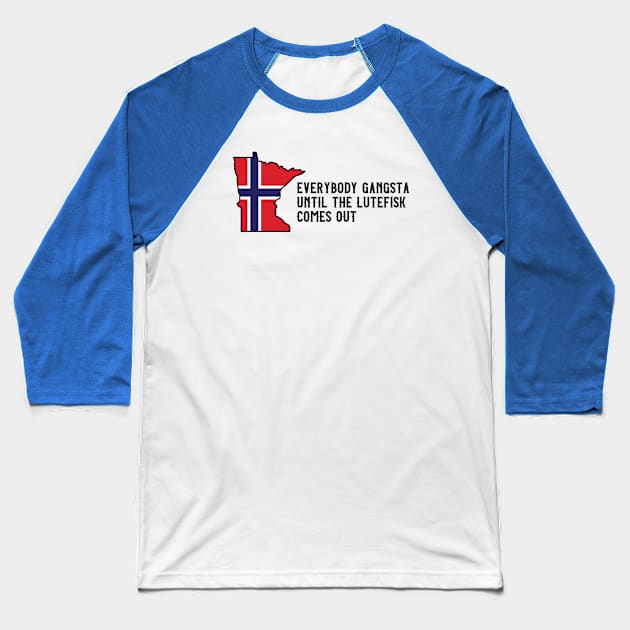 Funny Minnesota Norwegian Flag Lutefis Baseball T-Shirt by Huhnerdieb Apparel